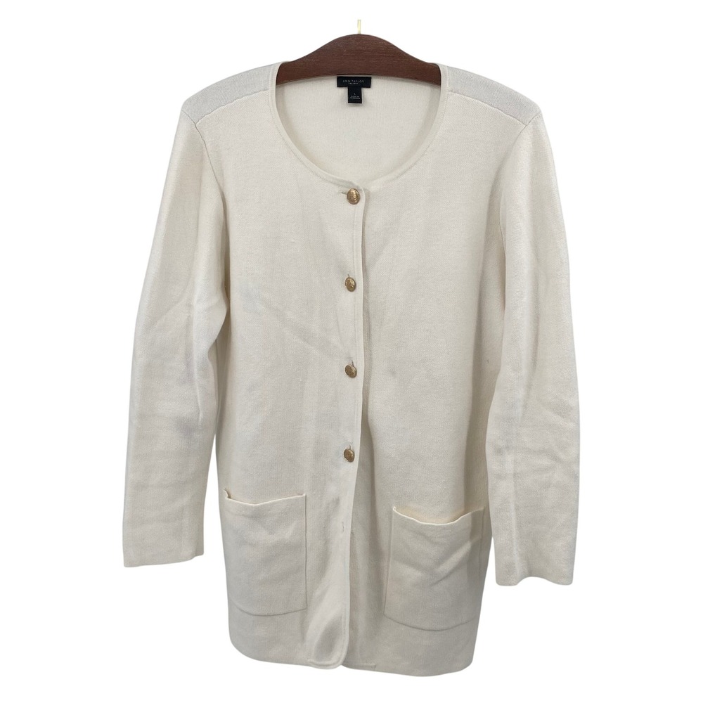 Ann Taylor Factory Cream Button Front Knit Cardigan Pockets‎ Classic Women's L